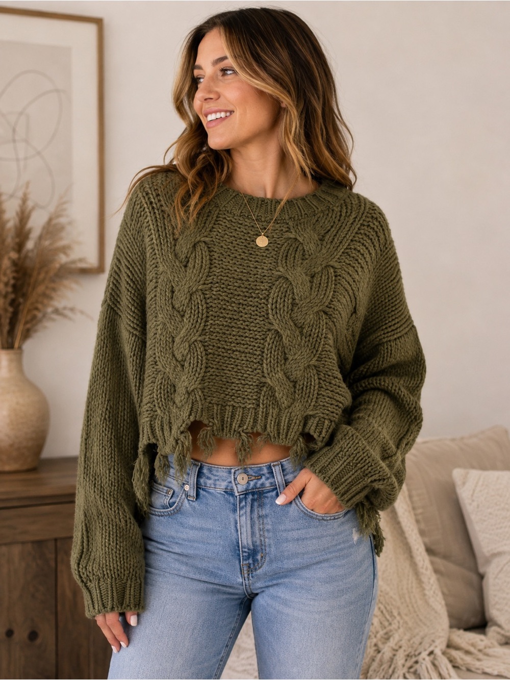 The Impeccable Pig Olive Green Cable Knit Distressed Cropped Sweater Oversized